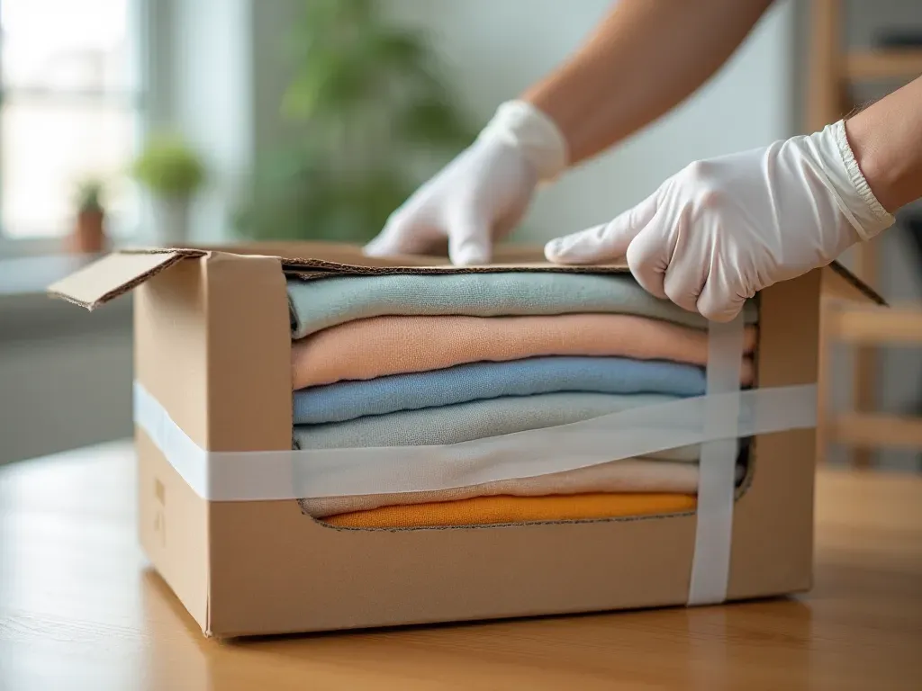 giysi paketleme düzeni A stack of neatly folded clothes in a large cardboard box being taped shut by hands wearing white gloves on a clean wooden surface.