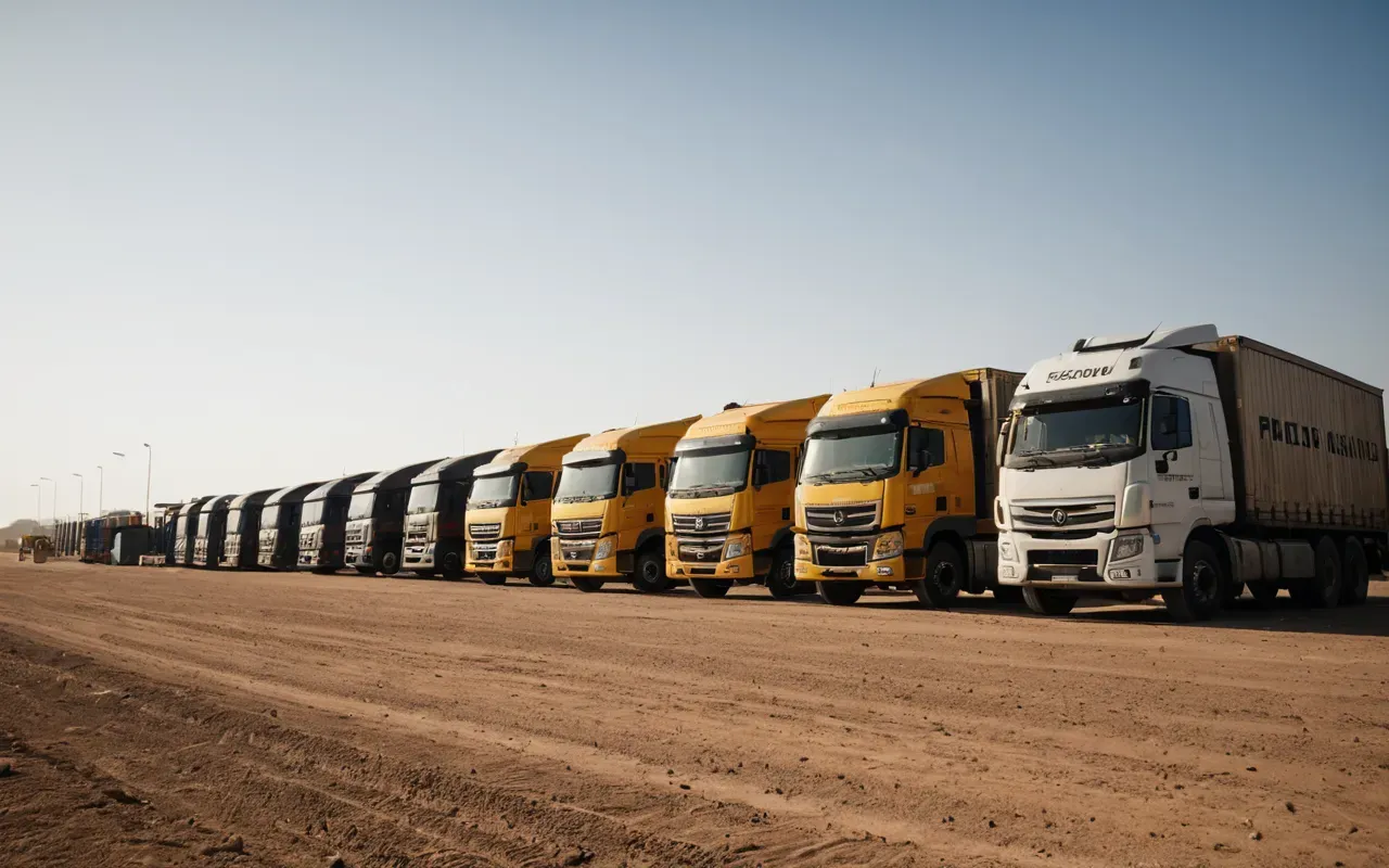 sınır kapısı yoğunluğu A sunburst of harsh sunlight illuminates a line of large cargo trucks parked in a dusty open field near a distant security checkpoint gate. The scene is empty of people but filled with the silent tension of waiting, with heat waves rising off the asphalt and a clear blue sky overhead.