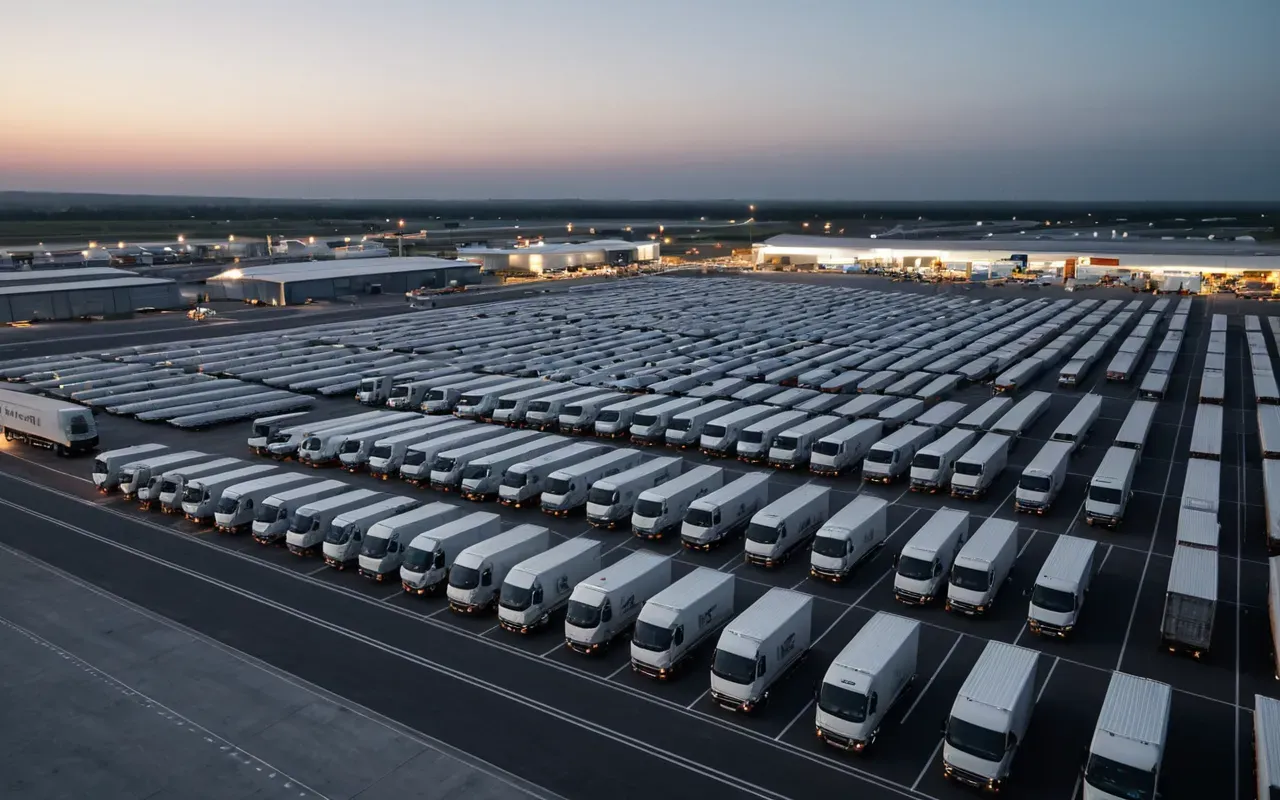 lojistik merkez operasyonu A wide-angle shot of a modern logistics hub at dusk. Multiple large trucks are parked in organized rows with their headlights on creating pools of bright white light on the pavement.