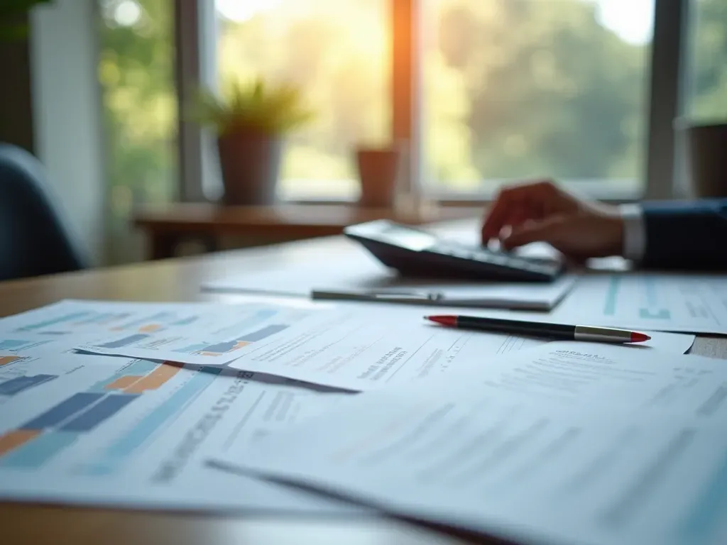 Close up of a modern desk with financial documents and a calculator under bright office lighting showing detailed budget planning scene