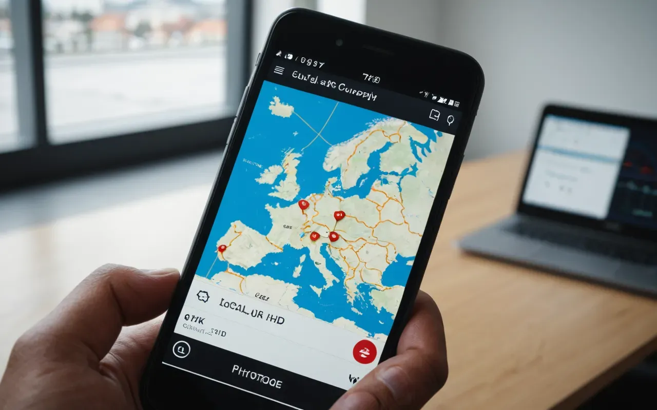 uluslararası nakliyat süreçleri Close-up of a modern smartphone screen displaying a tracking map with a route line across Europe in a clean minimalist interface design style on a blurred office desk background.