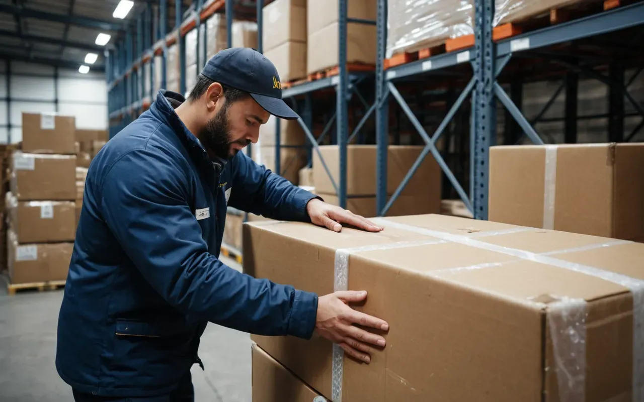 kutu paketleme Close up of a modern warehouse worker carefully packing heavy boxes with reinforced tape and protective foam in a well-lit industrial space.