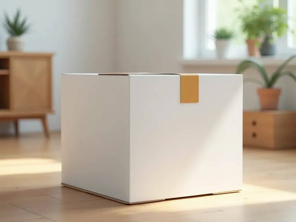 paketleme kutusu Close-up of a modern white cardboard box with visible packing tape on a clean wooden floor, soft natural light from the side, minimal background