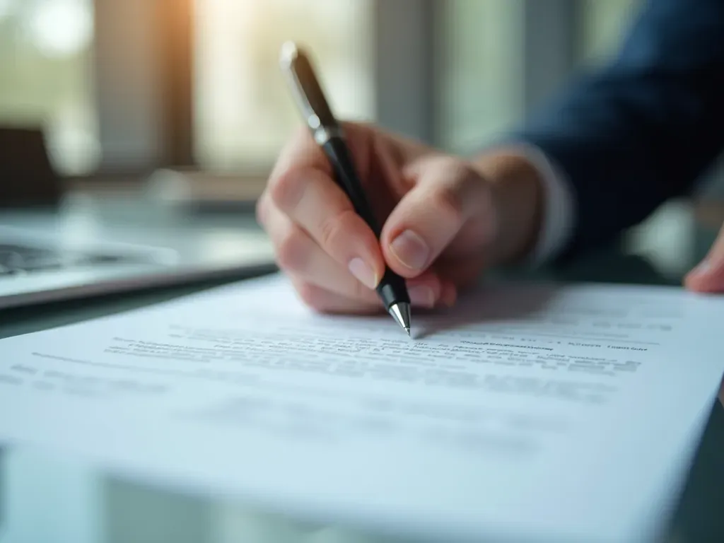 sözleşme imzalama Close-up of a pen signing a document on a glass table with blurred background, professional office setting, soft focus lighting