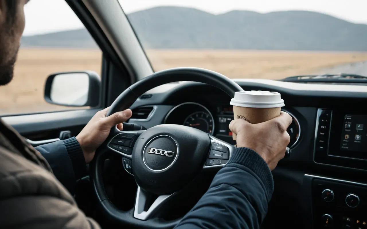 lojistik maliyetleri Close-up of a tired driver's hands holding a coffee cup and steering wheel inside a modern truck cabin with warm interior lighting.