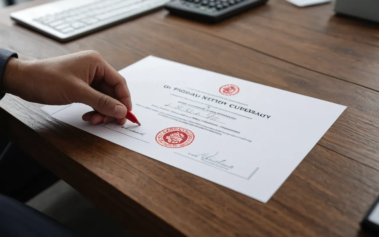 gümrük işlemleri Close-up shot of a hand stamping an official document with a red ink seal on a wooden desk in a modern office setting, soft natural lighting from the side highlighting texture of paper and wood grain.