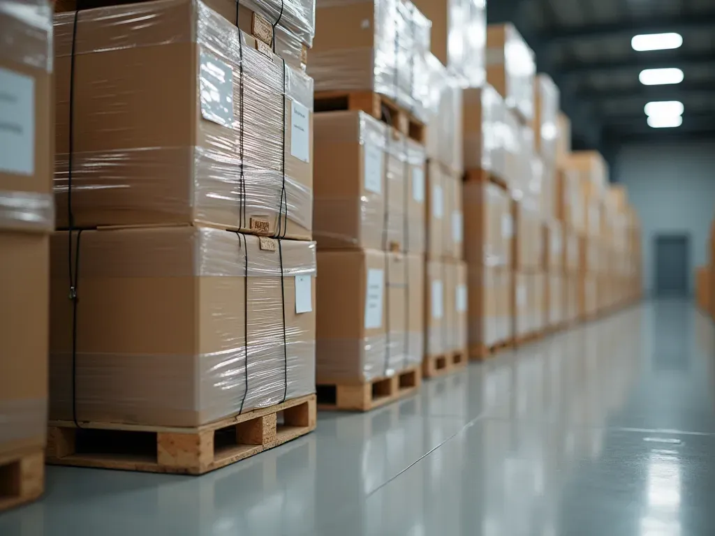 koruyucu paketleme Close-up shot of neatly stacked cardboard boxes wrapped in protective plastic film, secured with strong straps on a clean warehouse floor, bright overhead lighting, no text or labels visible, realistic commercial photography