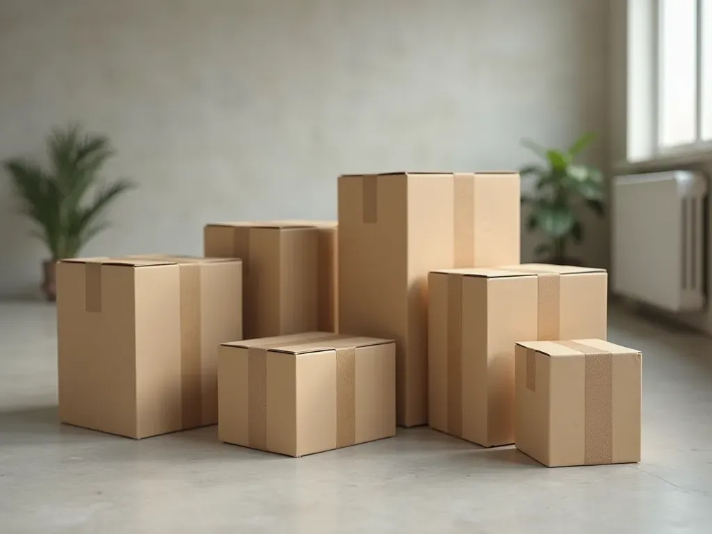 kolileme teknikleri Editorial still life of neatly packed cardboard boxes sealed with brown packing tape on a clean concrete floor, soft diffused lighting, neutral modern aesthetic