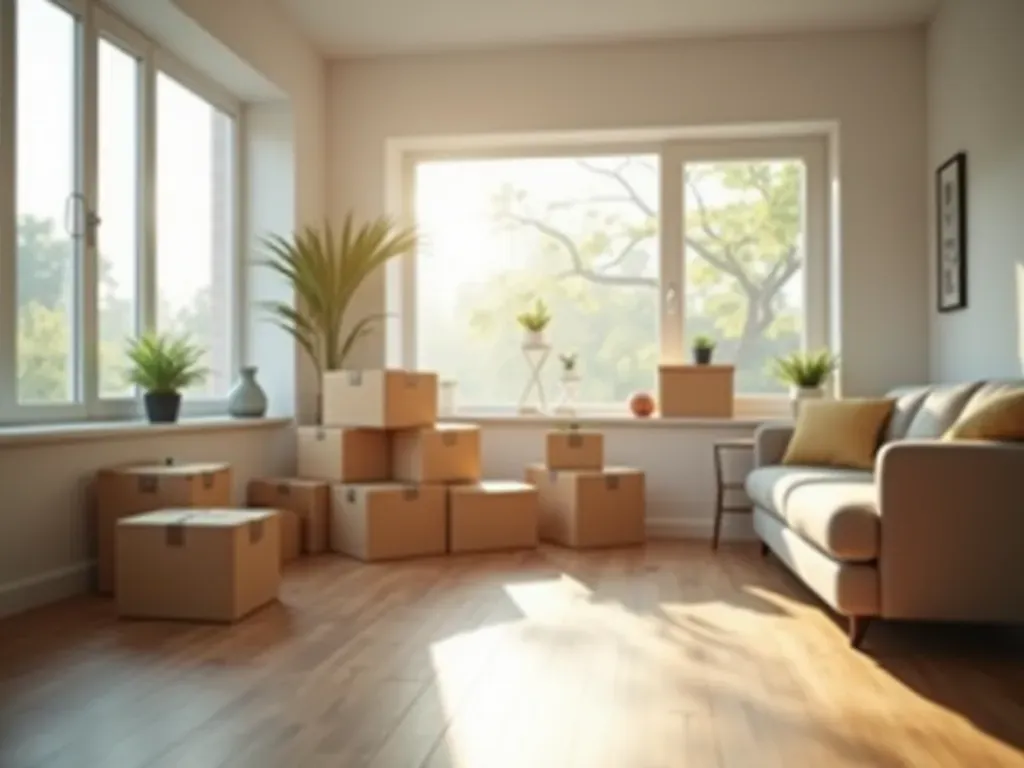 Interior shot of a modern minimalist living room with neatly packed moving boxes and soft natural daylight from large windows