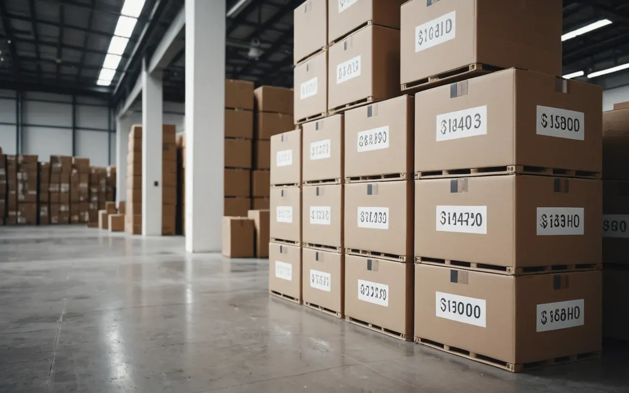 uluslararası eşya taşımacılığı Minimalist composition of neatly stacked cardboard boxes with white labels on a clean concrete floor in a bright modern warehouse space, soft diffused lighting creating long shadows.