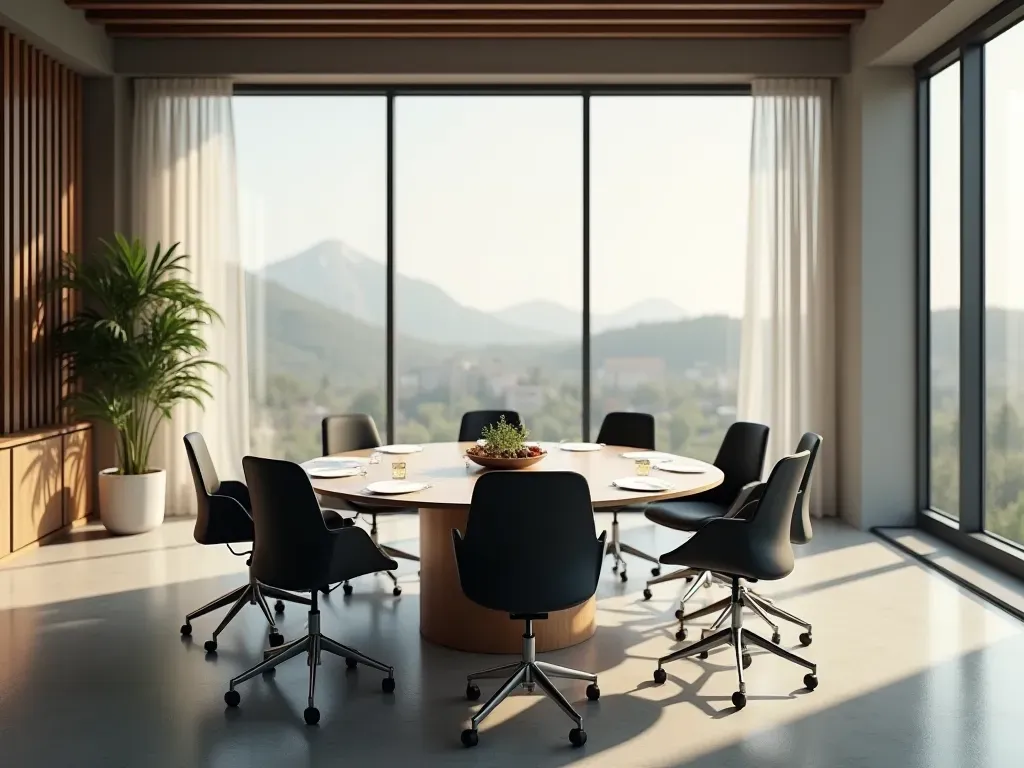 iş görüşmesi odası Modern office meeting room with a round table and chairs around it, natural light from large windows, minimalist decor style