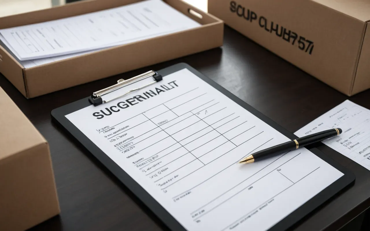 gümrük vergisi muafiyeti Overhead shot of a clipboard with a checklist document and a pen resting on top in a modern home office setting with blurred background showing packed boxes ready for moving.