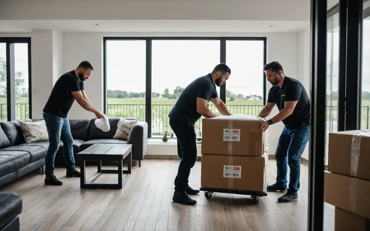 türkiye almanya nakliyat Professional photographer capturing a scene of movers carefully placing furniture wrapped in protective foam inside a modern living room with large windows and neutral color palette.