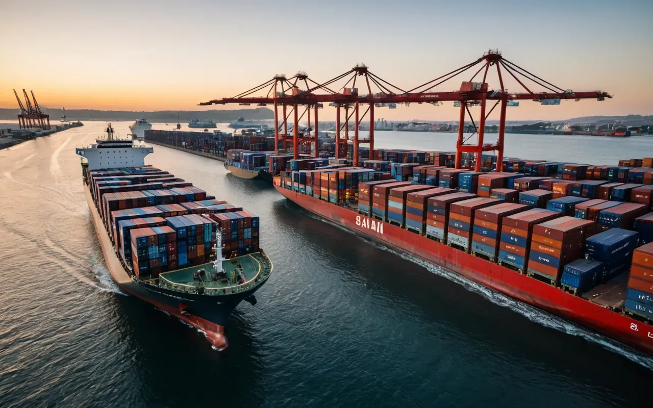 almanya taşınma rehberi Wide angle view of a modern container ship docked at a busy port during sunrise with cranes in the background loading shipping containers, calm water reflecting orange and pink sky hues.