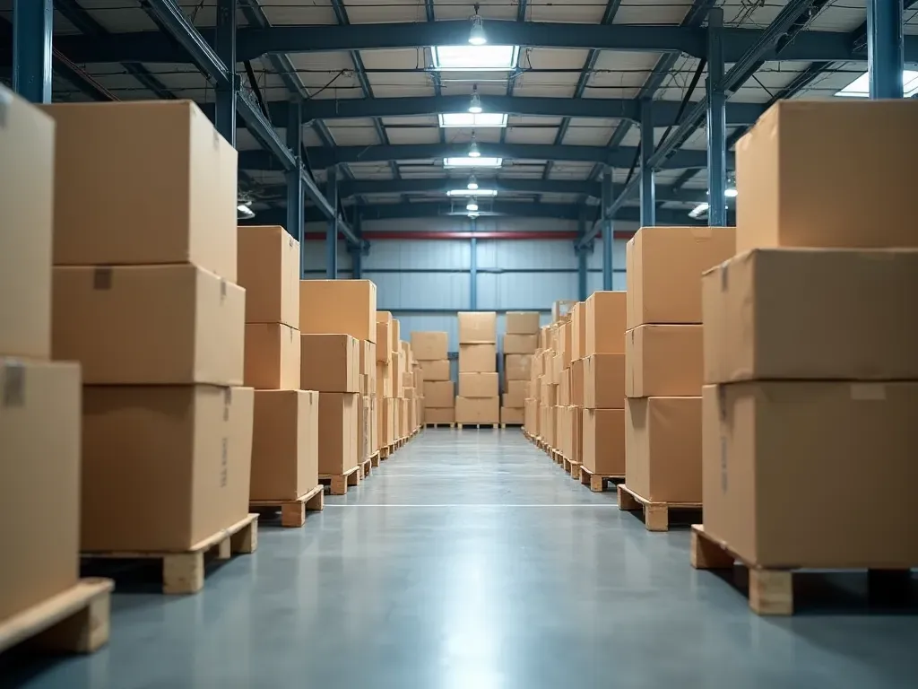 eşya depolama Wide editorial photograph of a modern logistics warehouse interior with stacked cardboard boxes on metal pallets, soft overhead lighting, clean concrete floor, neutral color palette