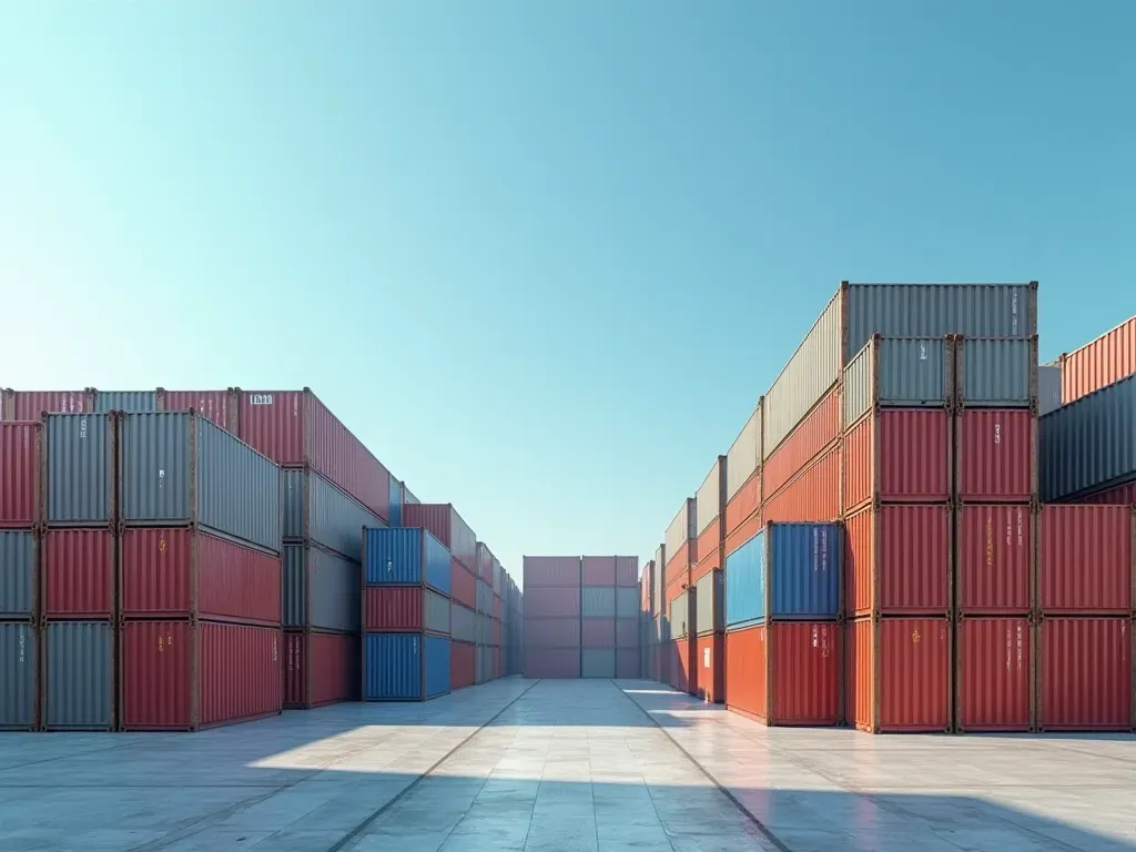 konteyner limanı Wide editorial photograph of a modern shipping container port with stacked metal containers under clear blue sky, clean industrial setting, neutral color tones