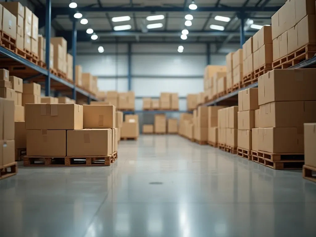 Wide shot of a modern logistics warehouse interior with organized cardboard boxes on pallets and soft industrial lighting