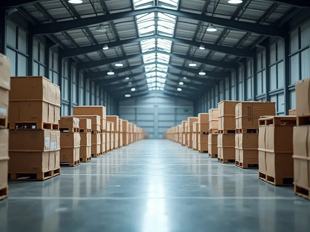 lojistik deposu Wide shot of a modern logistics warehouse interior with stacked pallets and industrial lighting, clean organized environment, no people visible
