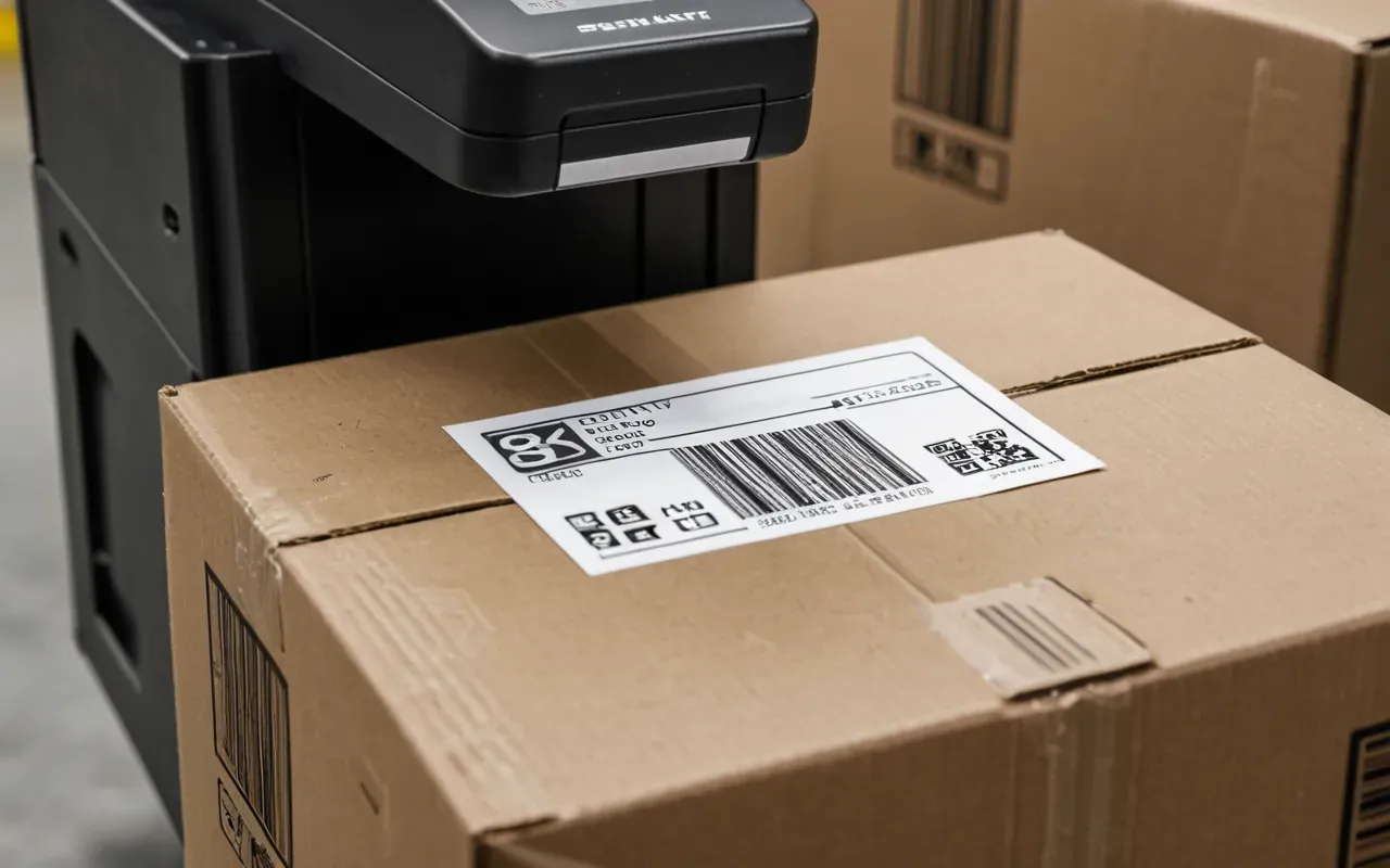 kargo etiketi okutma A close up of a shipping label on a cardboard box being scanned by a barcode reader in a warehouse setting.