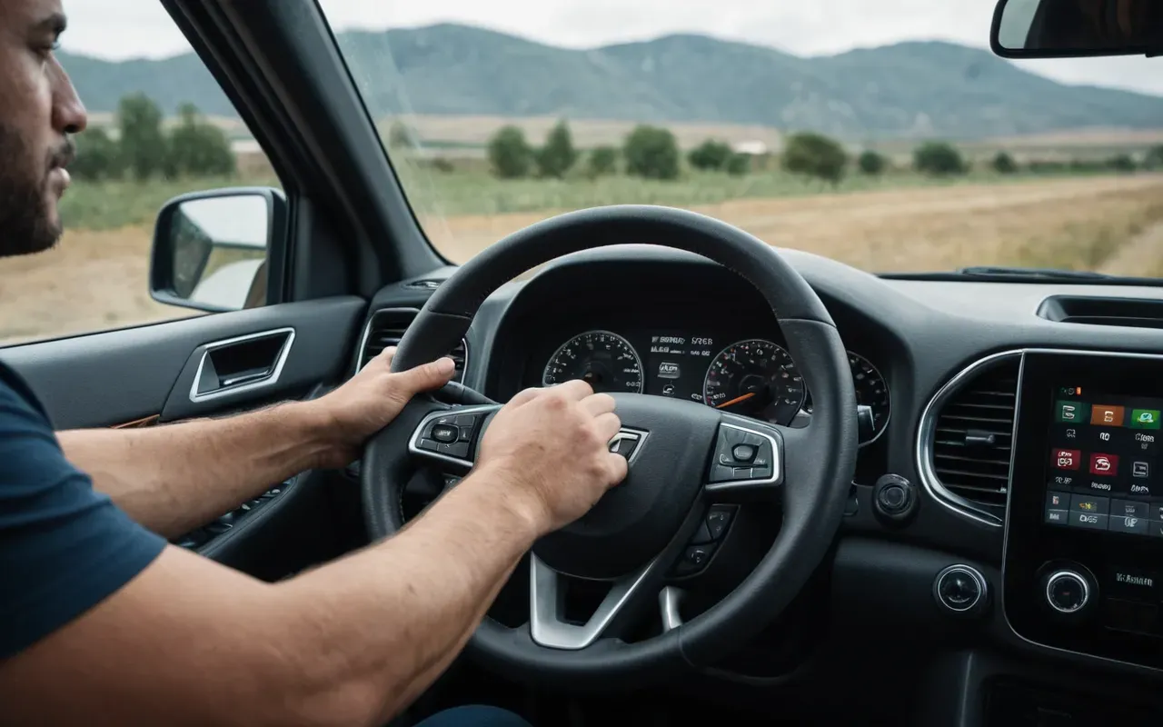 A close-up shot of a driver's hands gripping the steering wheel inside a modern truck cabin. The interior is clean and well-maintained with digital displays visible in the background reflecting soft ambient light.