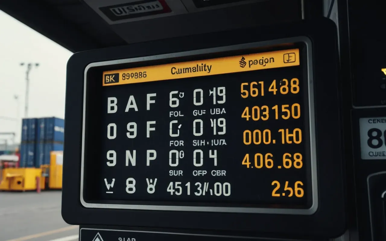 A close-up view of a digital fuel pump screen showing high numbers and currency symbols. The background is blurred with the silhouette of large industrial trucks parked in a row under an overcast sky.