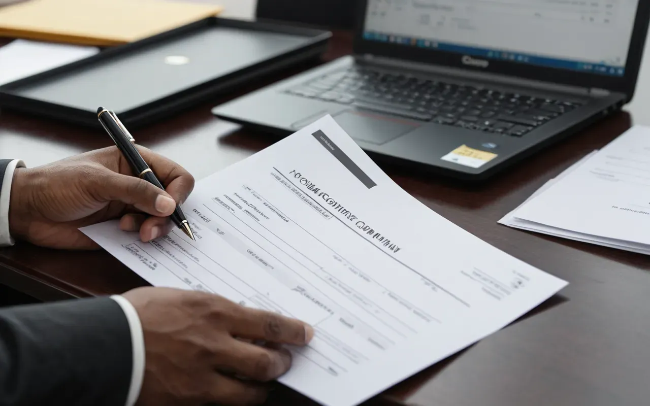 A close-up view of a driver's hands holding a stack of official documents and a pen. The background is softly blurred showing an office desk with a laptop. Natural light from a window illuminates the scene.