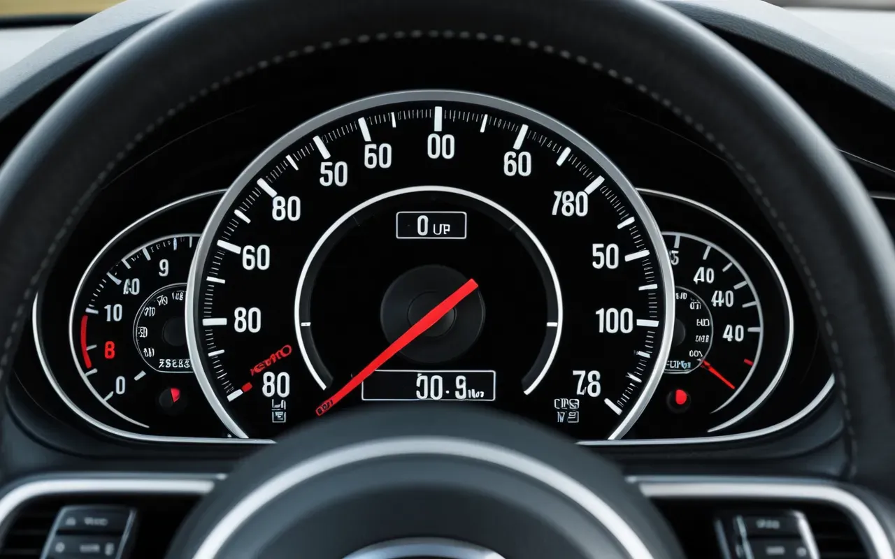 araç içi güvenlik A close-up view of a modern car dashboard showing the speedometer and fuel gauge. The interior is clean with dark leather seats. A hand rests on the steering wheel, suggesting careful driving. The background through the windshield shows a blurred highway road, indicating motion but without any specific signs or landmarks.