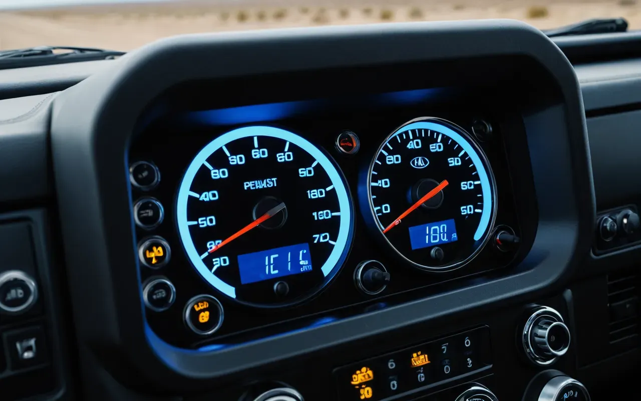 nakliye tır içi görünüm A close-up view of a modern semi-truck dashboard showing an illuminated digital speedometer and fuel gauge with glowing blue lights. The scene is set inside the cabin during nighttime driving conditions, with raindrops visible on the large windshield reflecting distant streetlights. No text or labels are present.