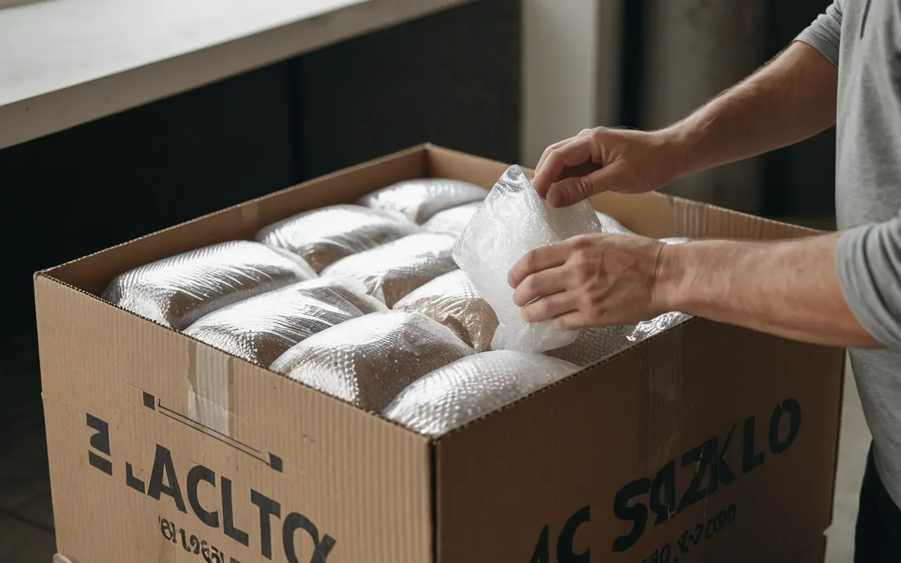 kolileme teknikleri A close-up view of a person's hands carefully packing fragile items into a sturdy cardboard box using thick bubble wrap. The scene is well-lit and focused on the action.