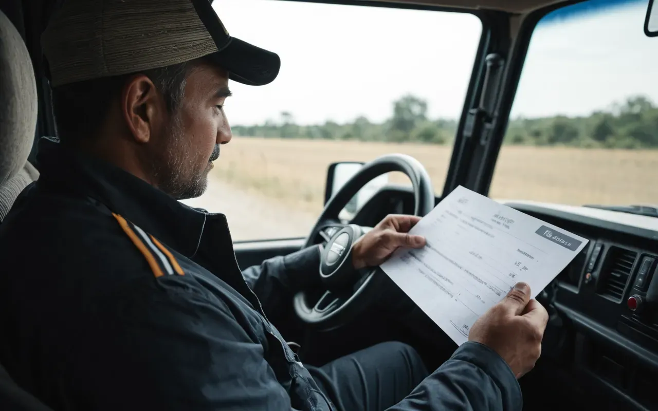A close up view of a professional driver checking documents in the cab of a large truck with soft interior lighting and a calm focused atmosphere.