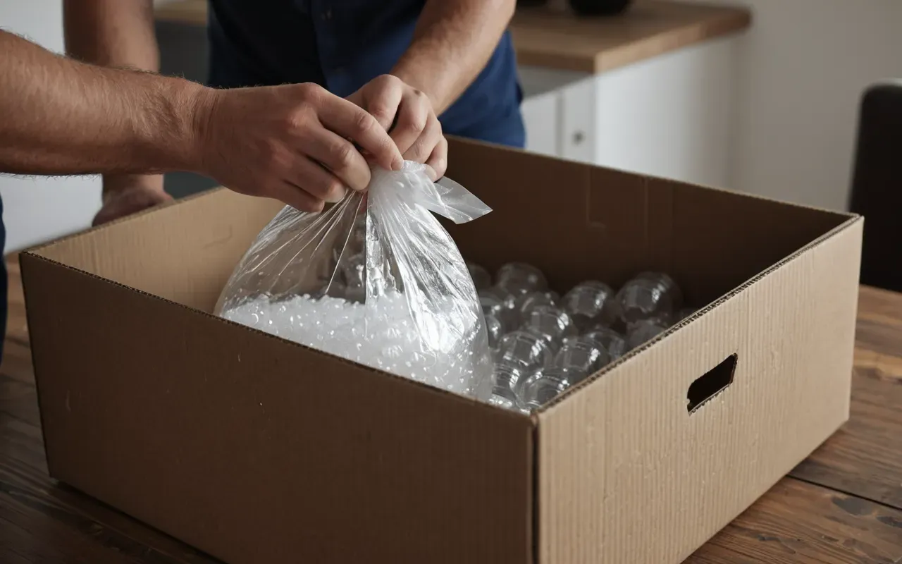 A close-up view of hands wrapping a fragile glass vase in bubble wrap inside a sturdy brown cardboard box on a clean wooden table.