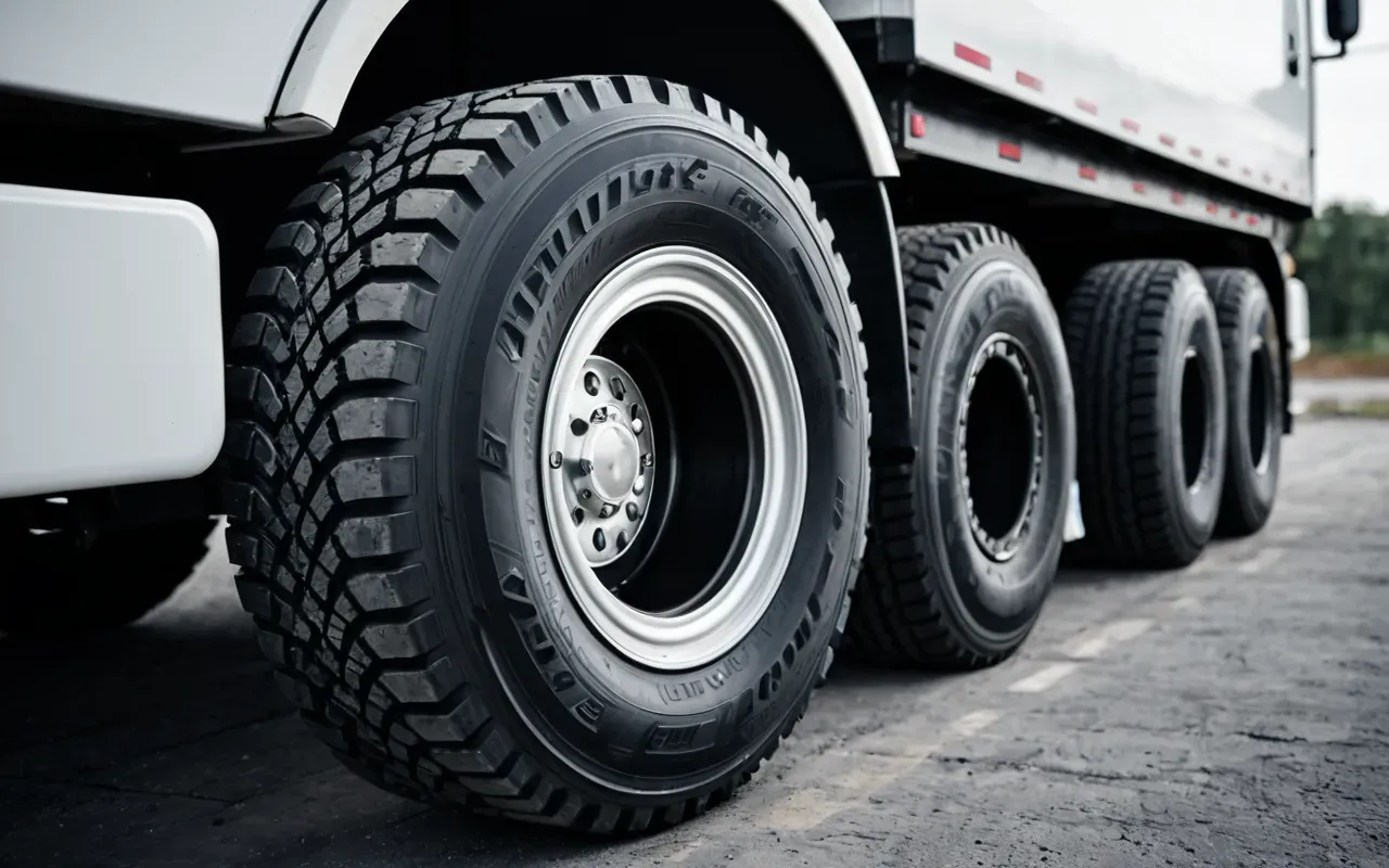 araç bakımı A close-up view of modern truck tires with deep treads on a concrete surface. The background is slightly blurred showing the side panel of a commercial vehicle in soft daylight.