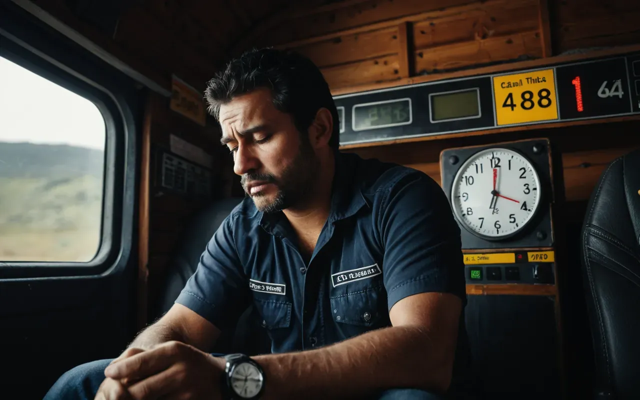 sınır kapısı bekleme süresi A dramatic close-up of a truck driver sitting inside the cabin looking exhausted while holding a digital clock that shows an extremely long waiting time. The lighting is dim and moody.
