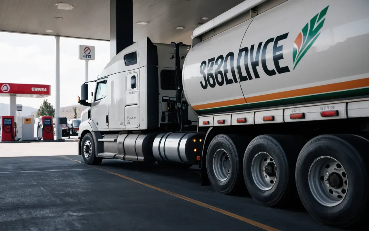 A large heavy-duty semi-truck truck at a modern fuel station filling up its tank with diesel. The pump shows high volume readings and the driver is visible through the window looking serious. Morning sunlight creates long shadows on the asphalt surface.