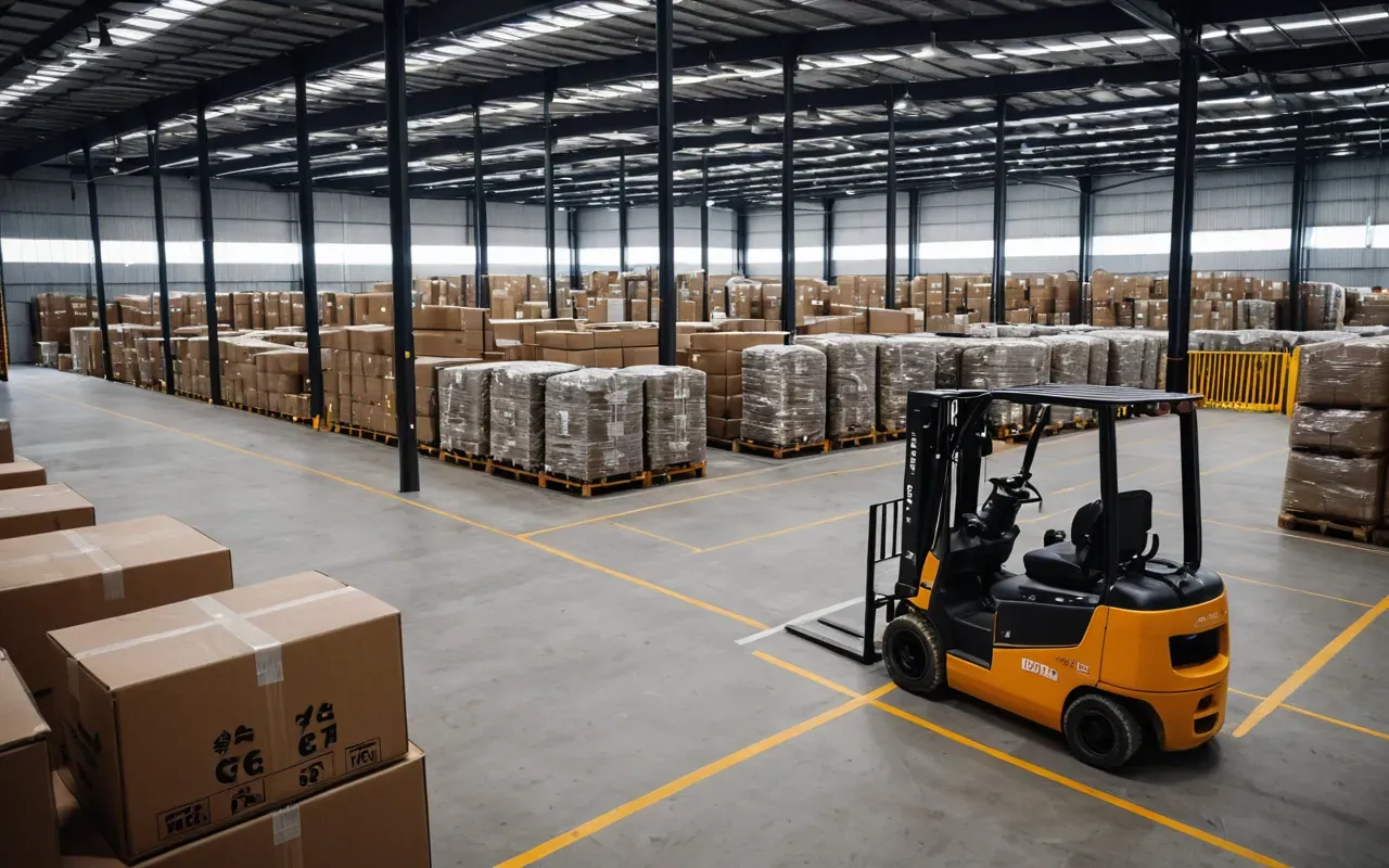 lojistik depolama ve gümrük bekleme alanları A large modern logistics warehouse with several loading docks. Forklifts are parked near boxes and pallets under bright industrial lighting.