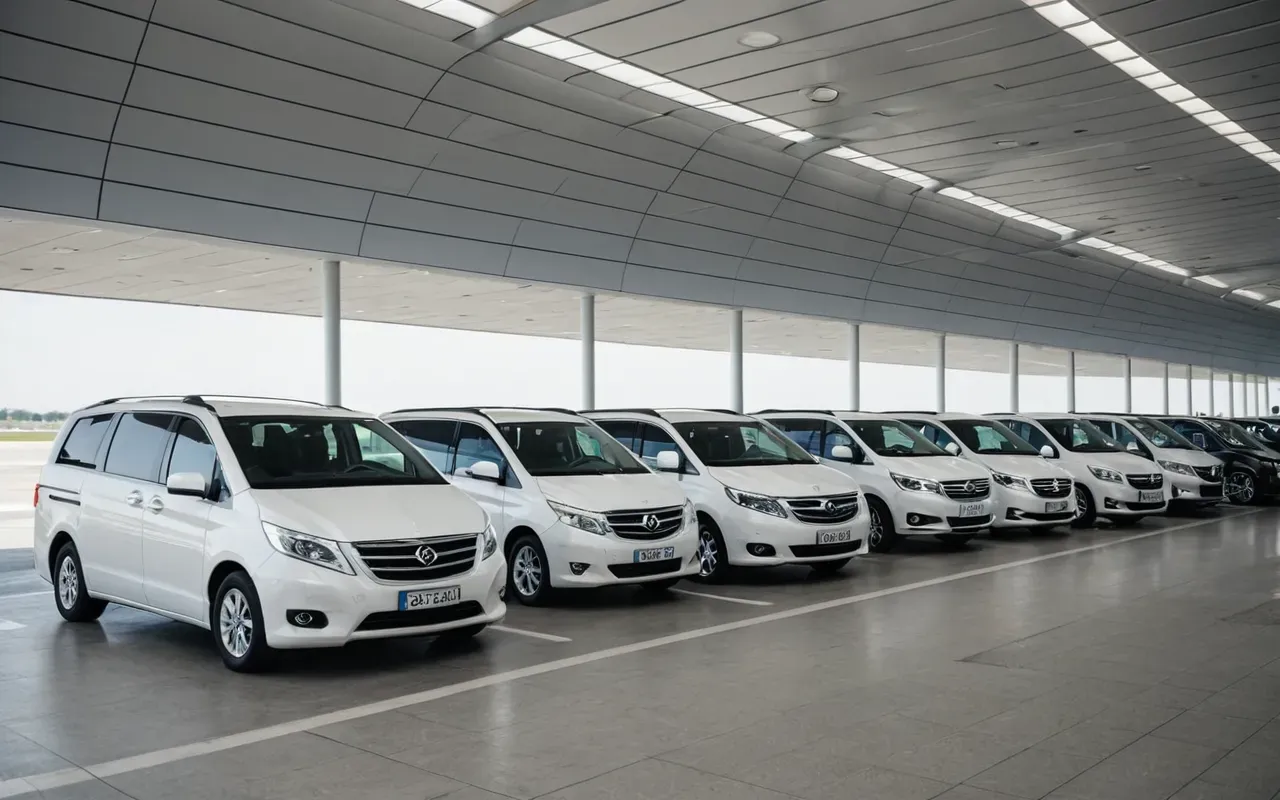 havalimanı çıkışı A modern airport terminal exit area with several generic white and silver minivans parked in an orderly line under bright daylight. The vehicles have clean windshields and no visible branding or text on their bodies. Passengers are waiting near the curb, looking towards the road. The scene is calm but slightly tense due to the presence of unlicensed transport options.