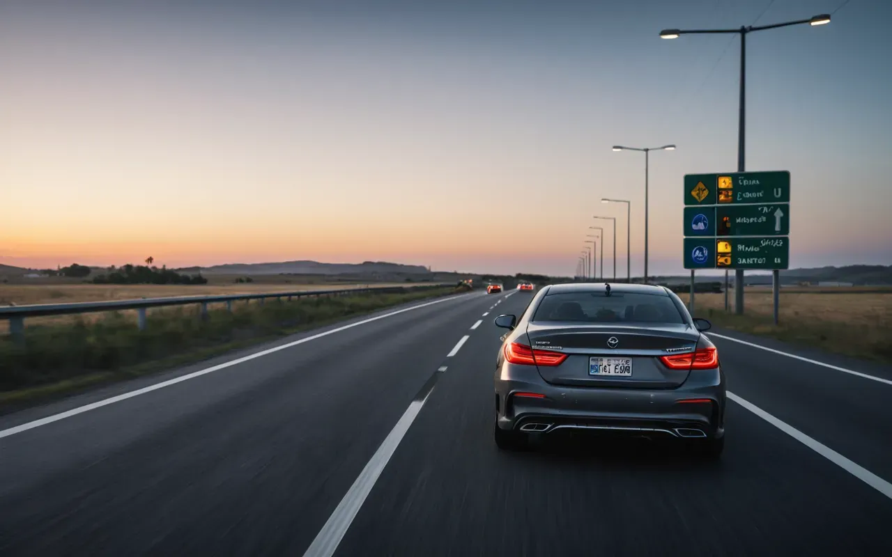 A modern car driving on a highway at dusk with motion blur in the background, cinematic lighting and professional automotive photography style