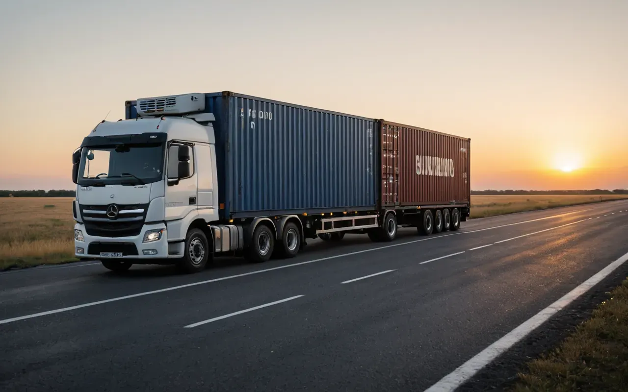 A modern cargo truck parked on a clean asphalt road at dawn. The vehicle is fully loaded with standardized shipping containers, ready for departure. The scene conveys efficiency and global logistics connectivity without any visible branding or text.