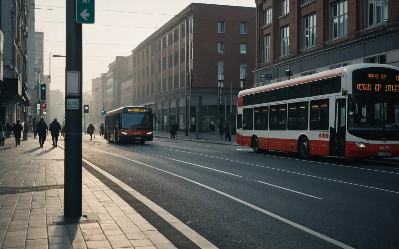 Berlin sabah trafiği ve toplu taşıma durakları A modern city street in the early morning with empty bus stops and a few pedestrians walking hurriedly towards their destinations. The atmosphere is slightly tense and quiet.