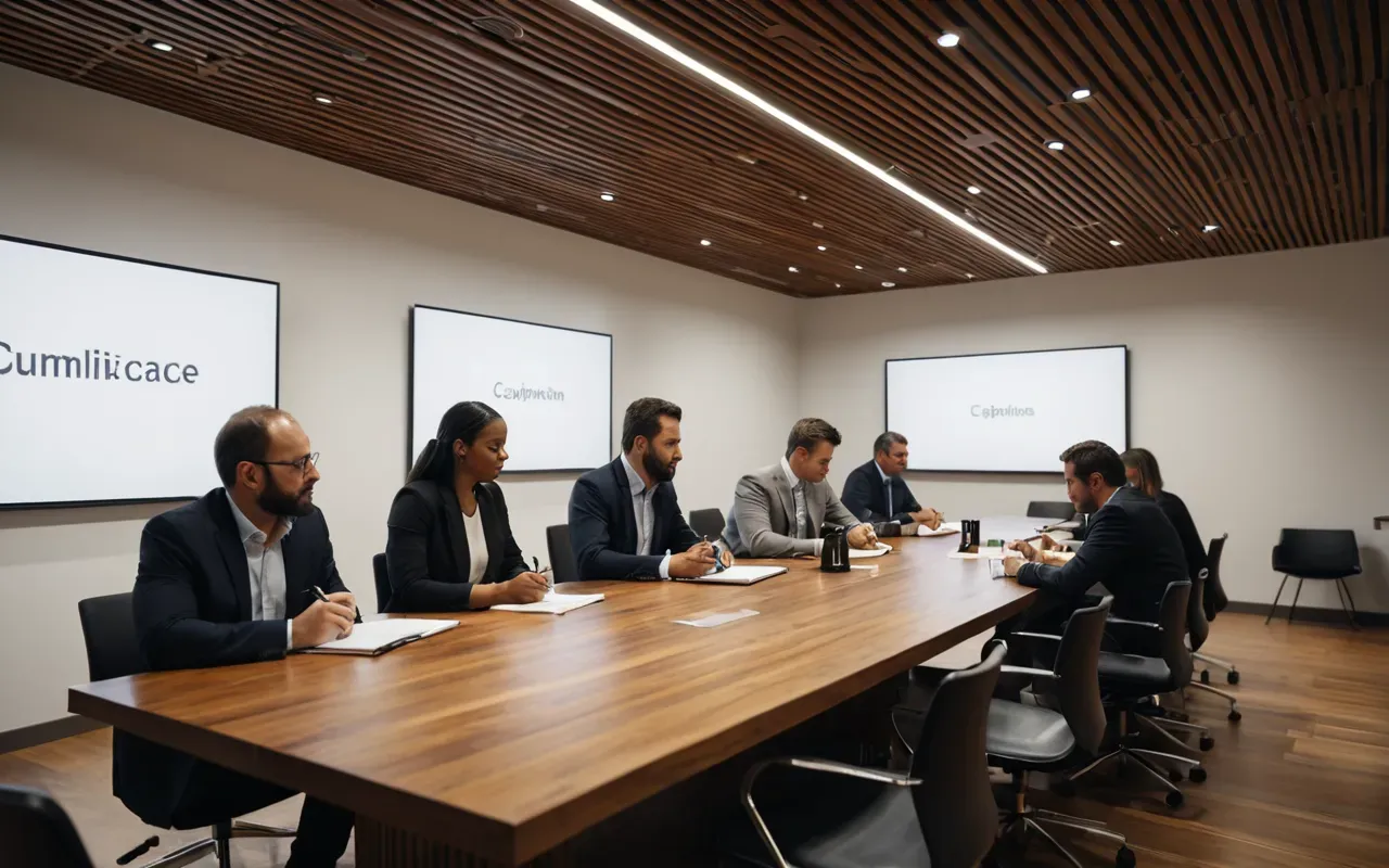 ihracat eğitimi ortamı A modern conference room with a diverse group of people taking notes at wooden tables under soft lighting. The atmosphere is professional and focused on learning.