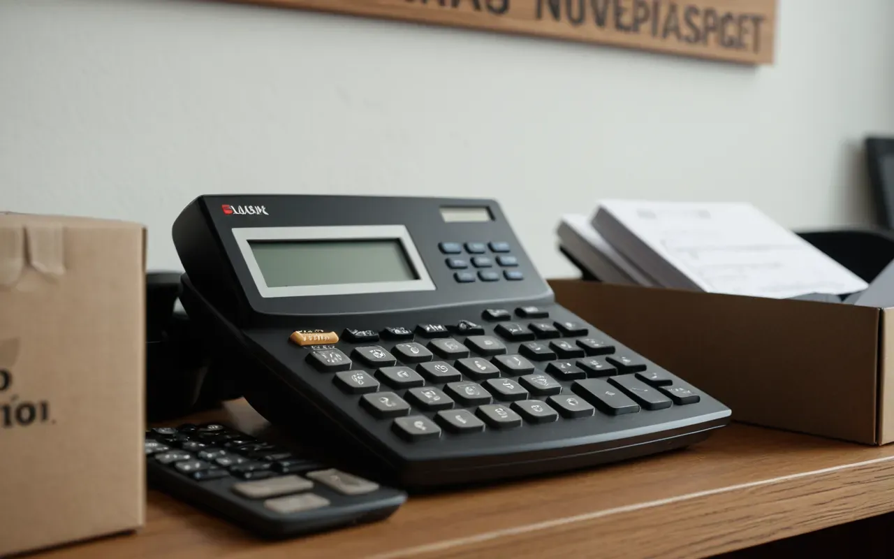 maliyet hesaplama A modern financial desk with a calculator and pen next to neatly stacked boxes in soft natural light.