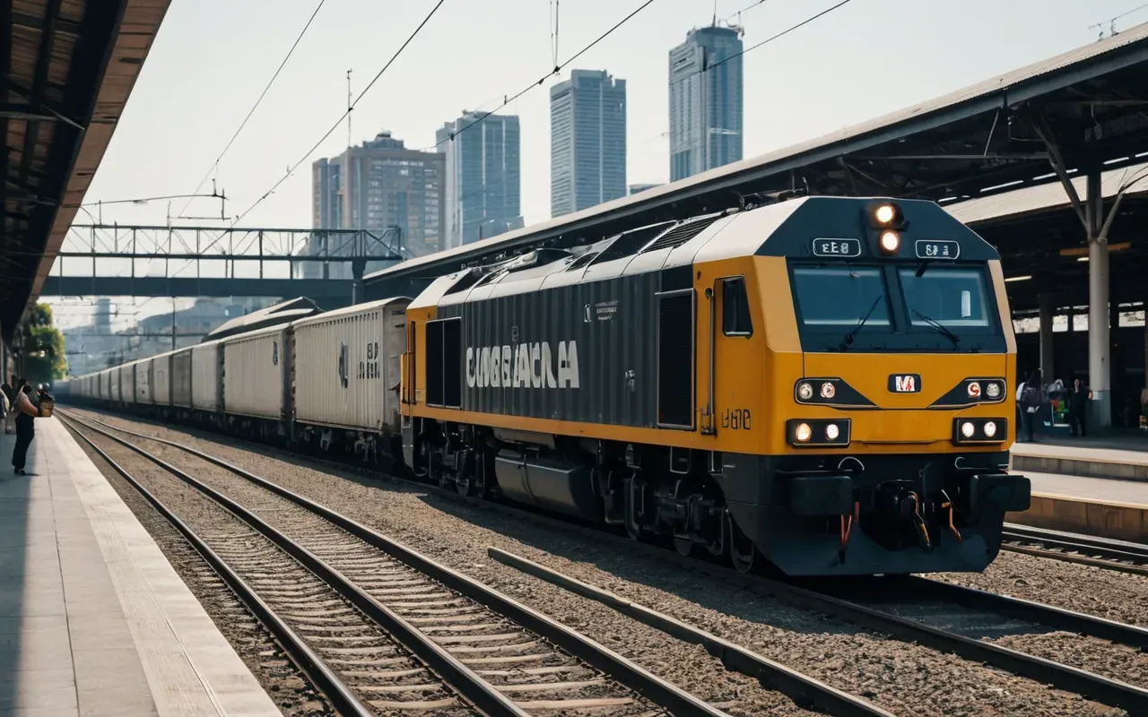 A modern freight train moving through a station area with tall industrial buildings in the background. The tracks are shiny and well-maintained.