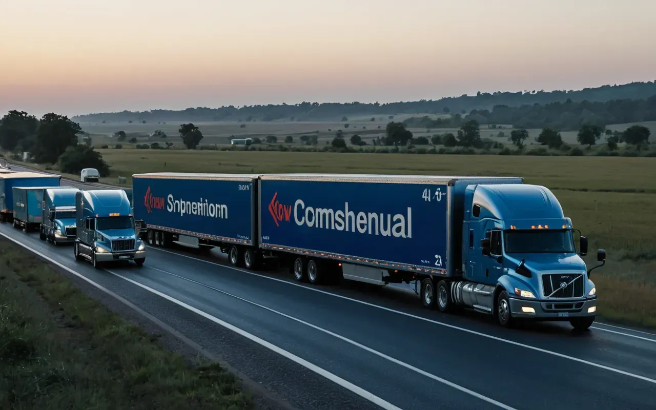 A modern highway scene at dawn featuring a fleet of heavy-duty refrigerated trucks driving in formation. The lighting is cool and blue, emphasizing the polished metal exteriors and aerodynamic designs against an empty road stretching into the distance.