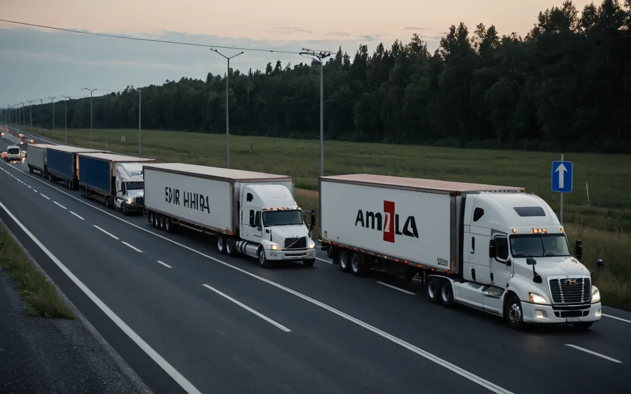 sınır kapısı tır kuyruğu A modern logistics border crossing scene at dusk featuring a line of heavy-duty semi-trucks waiting in an organized queue on a wide asphalt road with clear lane markings and safety barriers. The atmosphere is professional and slightly tense, illuminated by industrial floodlights that cast long shadows across the polished pavement. No text or logos are visible on any vehicle surfaces.