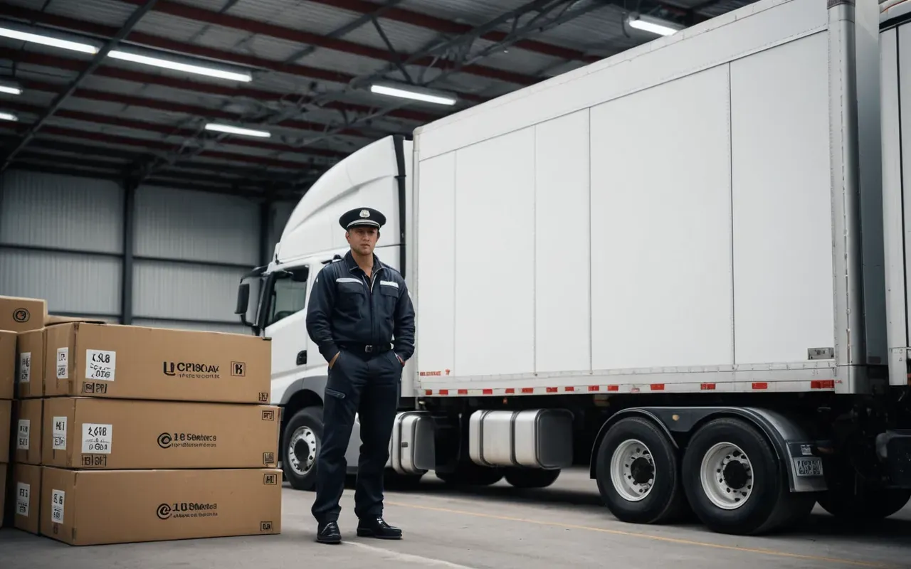 A modern logistics center with a large semi-truck parked next to neatly stacked cardboard boxes. The lighting is bright and industrial. A driver in uniform stands near the truck door holding a clipboard. No text or logos are visible.