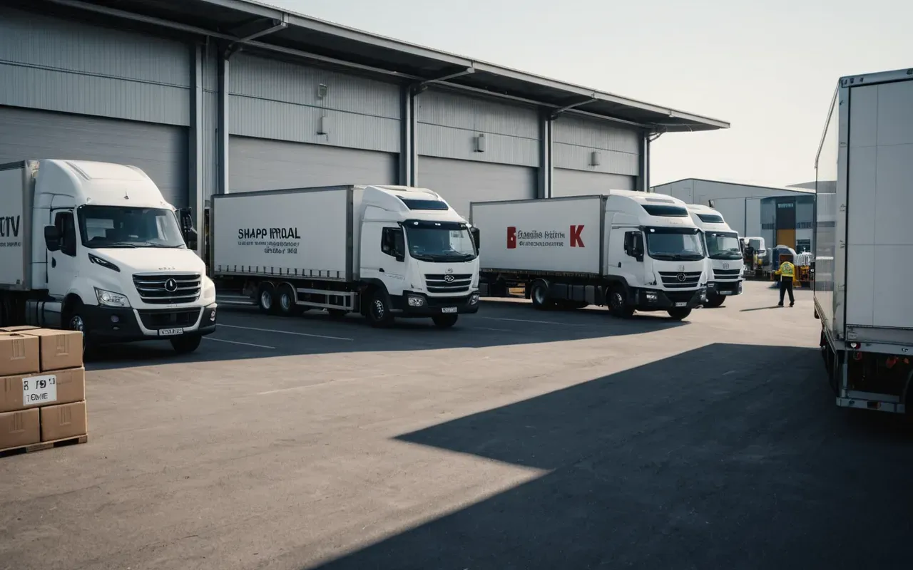 uluslararası nakliyat lojistik merkezi operasyonları A modern logistics center with several trucks parked in a loading bay. Workers are seen organizing boxes near the dock.