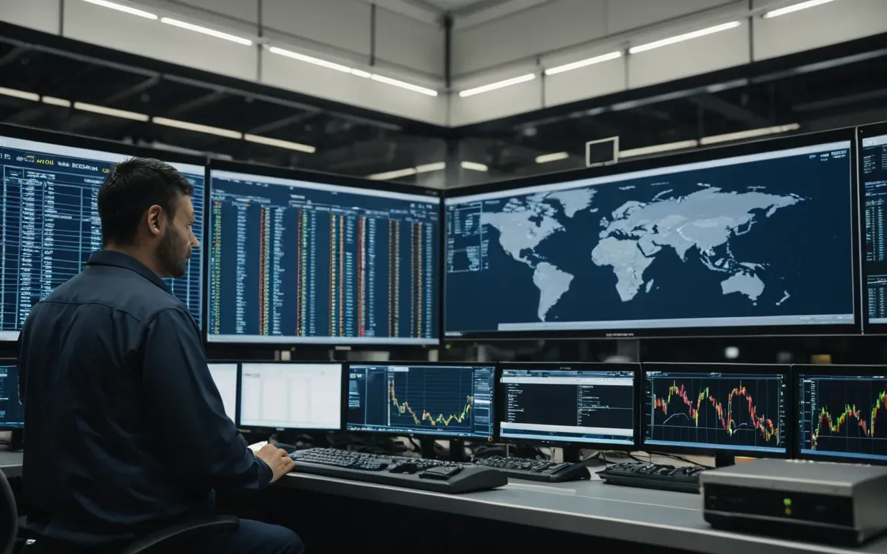 A modern logistics control center with large screens showing data streams and a worker in focus, neutral lighting.