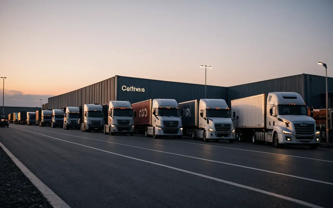 A modern logistics hub at dusk with a row of parked semi-trucks in the foreground and warm artificial lighting illuminating the area.