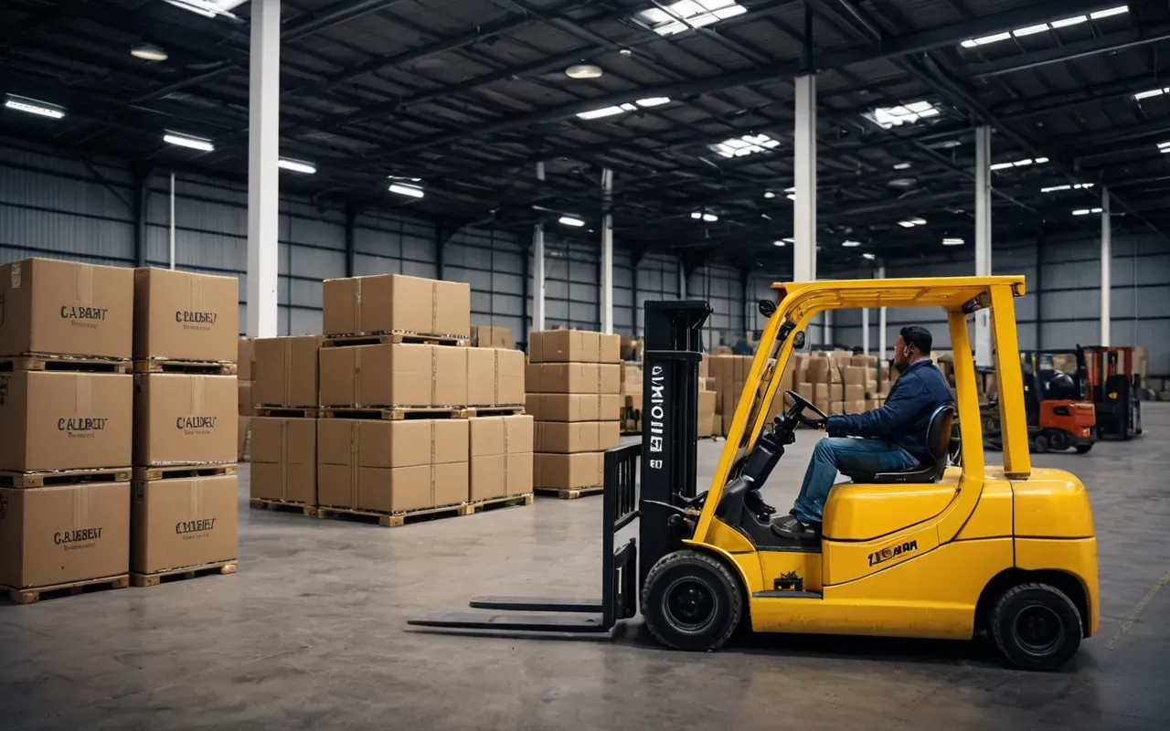 lojistik maliyet analizi A modern logistics hub at dusk with forklifts moving stacked cardboard boxes on a concrete floor. The lighting is cool and industrial, highlighting the organized chaos of international freight operations without any visible signage or text.
