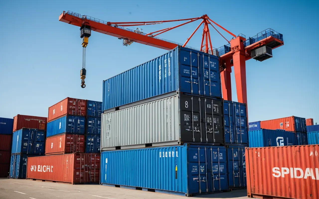 A modern logistics hub with stacked shipping containers in bright colors like blue and red. Cranes are lifting heavy cargo boxes under a clear sky.